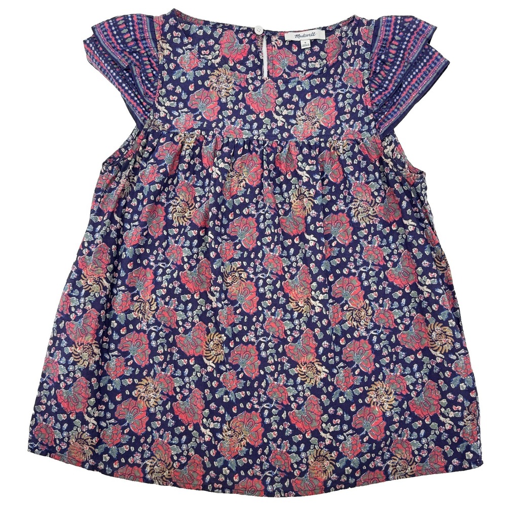 Madewell Floral Top Womens Size 0 XS Boho‎ Peasant Blouse Navy Short Sleeve
